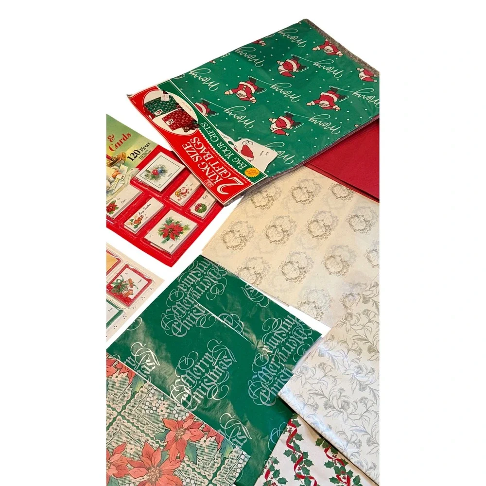 Vintage Christmas Gift Wrap Lot Wrapping Paper Bags Tags Santa Ephemera
